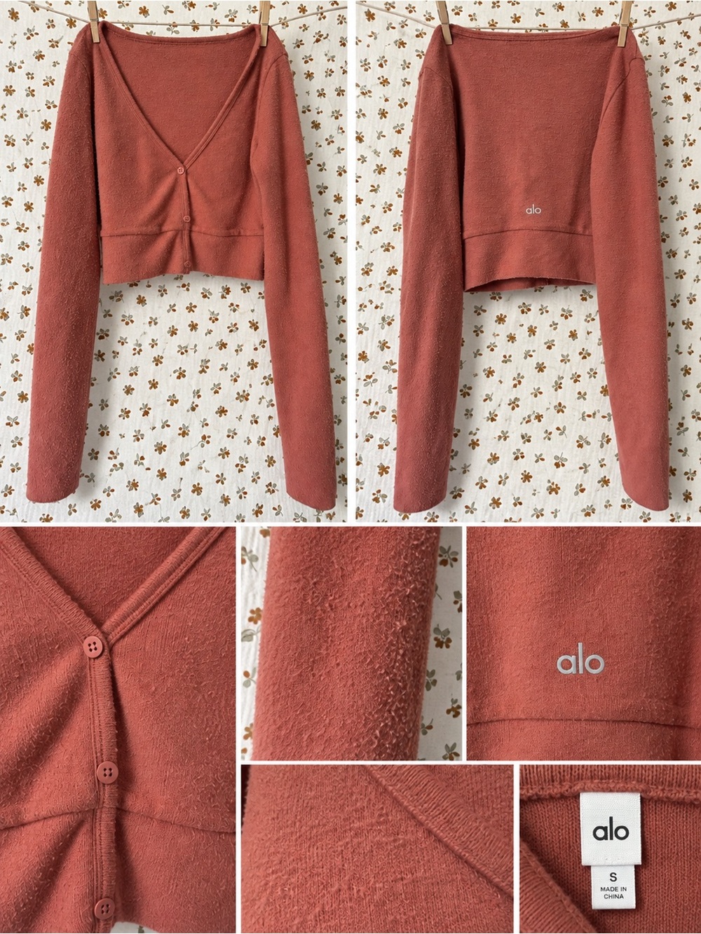 ALO Yoga Rust Cropped Button-Up Fleece Cardigan